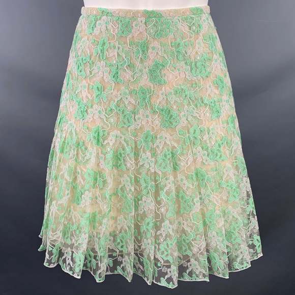 CHRISTOPHER KANE Green Cream Silk Pleated Above Knee Skirt - Picture 1 of 6